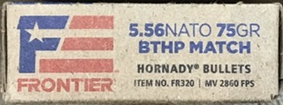 5.56 NATO Hornady Frontier 75 Gr BTHP Match 20 rounds M-ID: FR320 UPC: 090255711615