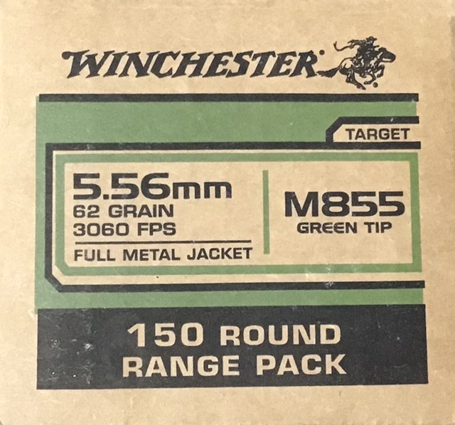 5.56mm Winchester M855 62 Grain Full Metal Jacket Green Tip 150 Rounds M-ID: WM855150 UPC: 020892228306