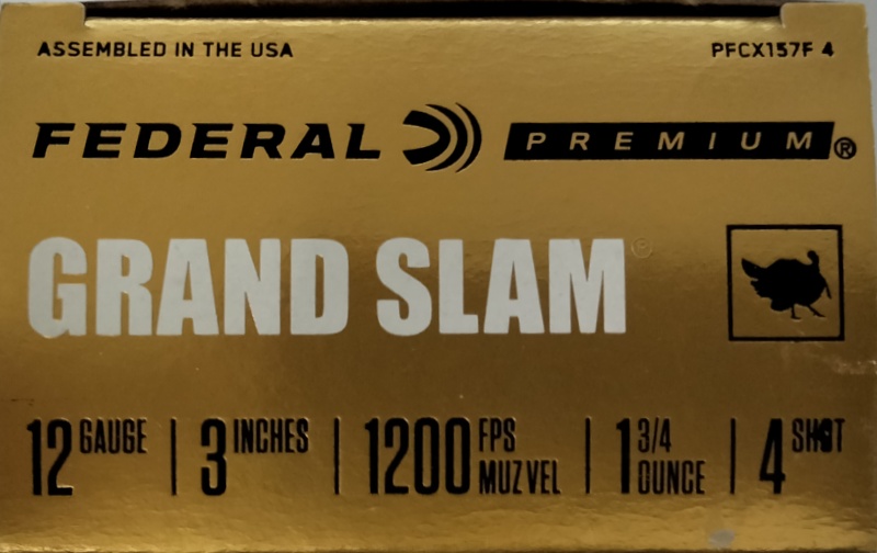 12 Gauge Federal Premium 3 in. 1.75 oz. 4 shot 100 rnds Grand Slam Turkey 1200 fps (10 boxes) M-ID: PFCX157F4 UPC: 604544631807